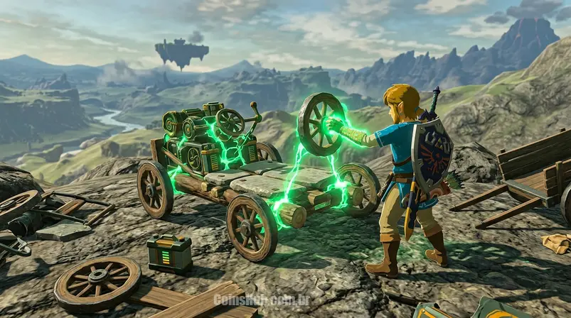 Close-up de Link anexando dispositivos Zonai com Ultrahand para criar um carro todo-terreno em The Legend of Zelda: Tears of the Kingdom, com energia verde fluindo.
