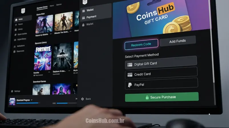 Tela de computador mostrando a interface de resgate de código na Epic Games Store, com um Gift Card digital da CoinsHub ao lado, simbolizando a transação de compra de jogos.