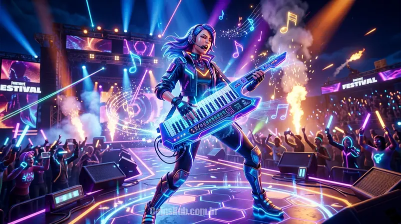 Skin de personagem de Fortnite tocando um keytar futurista com entusiasmo em um palco iluminado, com efeitos musicais.