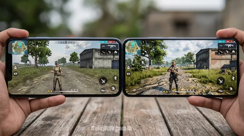 Comparativo lado a lado de telas de celular mostrando Free Fire Max (com gráficos aprimorados) e Free Fire (com gráficos padrão), destacando a diferença nas texturas e iluminação de um personagem.