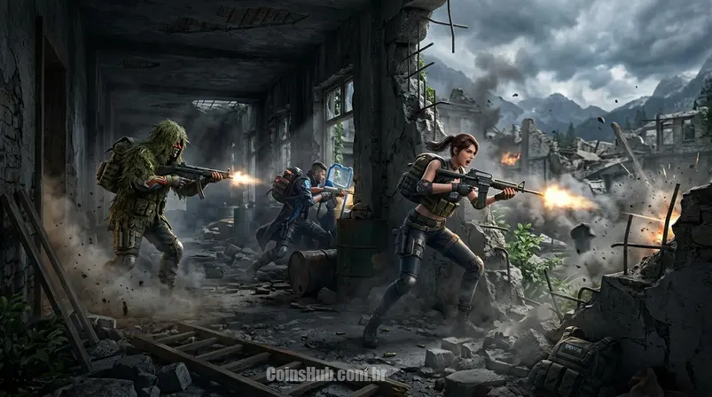 Personagens de Free Fire em combate intenso em uma zona de loot no mapa Alpine, com foco na ação e detalhes do ambiente.