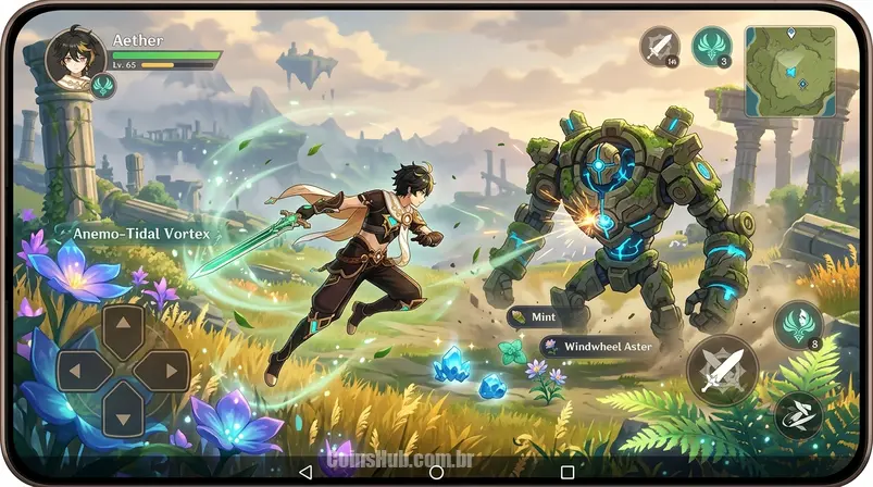Cena de aventura em Genshin Impact, um personagem masculino em meio a um campo aberto com elementos fantásticos e ruínas antigas, simbolizando a jornada do jogador e a obtenção de recursos.