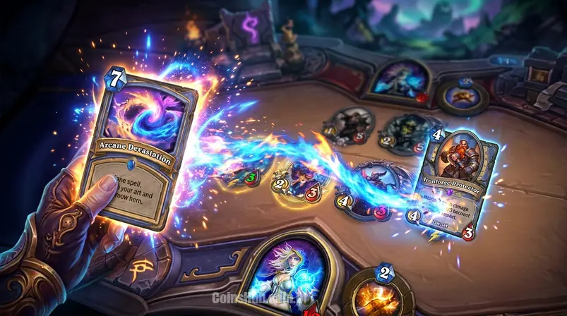 Um feitiço poderoso sendo lançado em uma batalha de Hearthstone em PC, com energia arcana vibrante emanando de uma carta no tabuleiro.