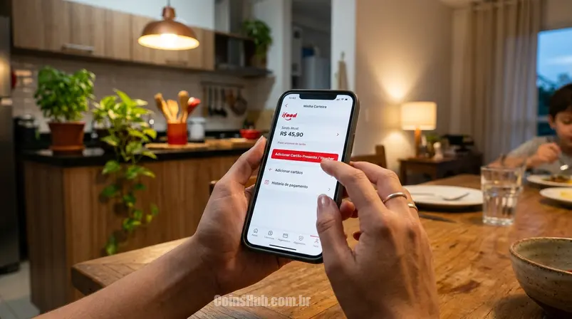 Mãos usando o aplicativo iFood para resgatar um gift card na seção de pagamentos.