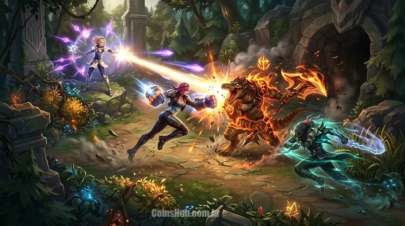 Cena de combate dinâmico entre campeões de League of Legends na selva de Summoner's Rift, destacando efeitos visuais de itens e runas.