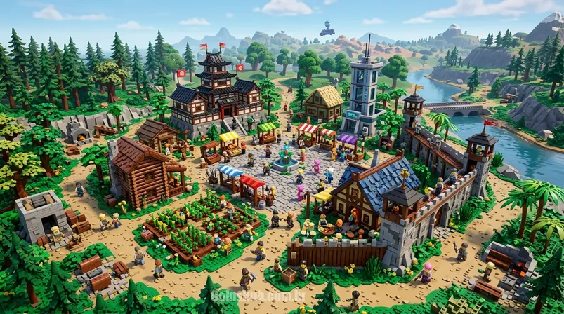Vista aérea de uma vila LEGO Fortnite diversa, mostrando diferentes estilos arquitetônicos e minifigures interagindo, sob um céu claro e ensolarado.