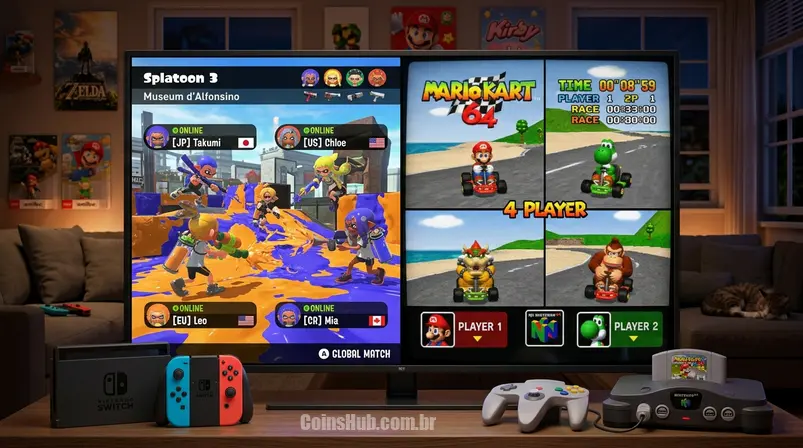 Cena dividida mostrando um jogo moderno do Nintendo Switch online e um jogo clássico do N64, conectando jogadores.