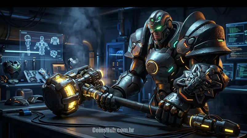 Visão detalhada de uma skin lendária de evento de Overwatch 2 para um herói como D.Va em um ambiente de oficina tecnológica.