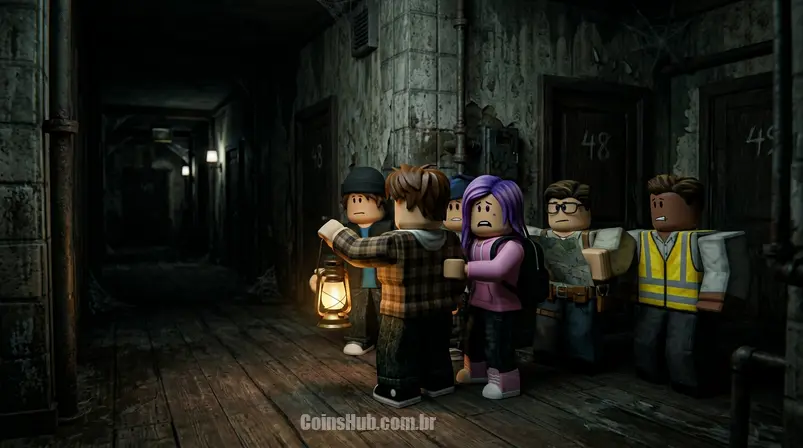 Grupo de avatares Roblox inspirados em 'Doors' ou 'Apeirophobia' em uma sala escura, com um personagem segurando um item brilhante.