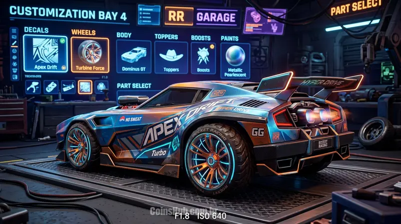 Imagem do meio: Close-up de um carro customizado no menu de personalização de Rocket Racing, exibindo decais e rodas exclusivas.