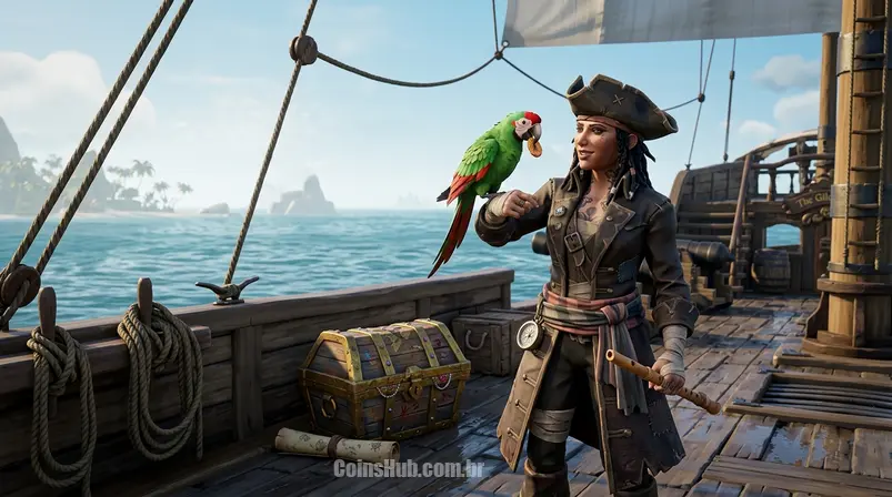 Personagem de Sea of Thieves com um papagaio no ombro, no convés de um navio pirata, com baú de tesouro próximo, no estilo de Sea of Thieves Xbox PC.