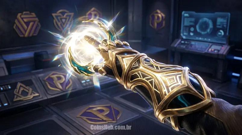 Arma ou efeito de habilidade de campeão de League of Legends com skin de prestígio dourada e emblemas de evento