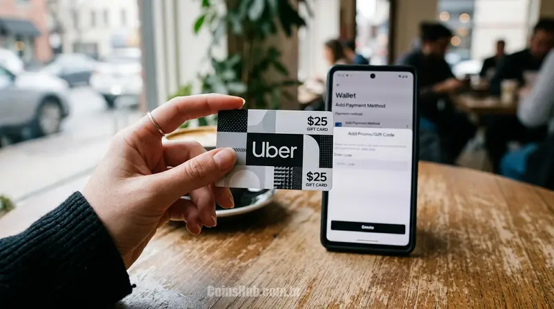 Mão segurando um gift card do Uber, com a tela de um smartphone ao fundo mostrando o processo de resgate de código no aplicativo Uber, em um ambiente moderno e digital.