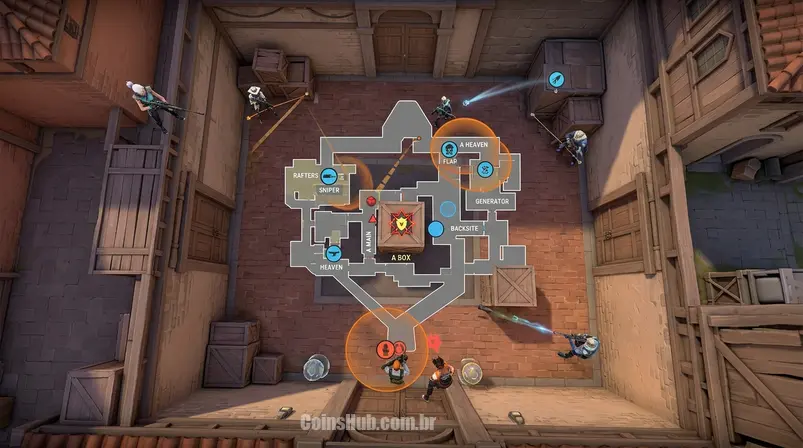 Visão aérea tática de um local de bomba em um mapa de Valorant, como Ascent, com marcadores de defesa e ataque e agentes como Brimstone e Phoenix posicionados estrategicamente em um ambiente de jogo de PC.