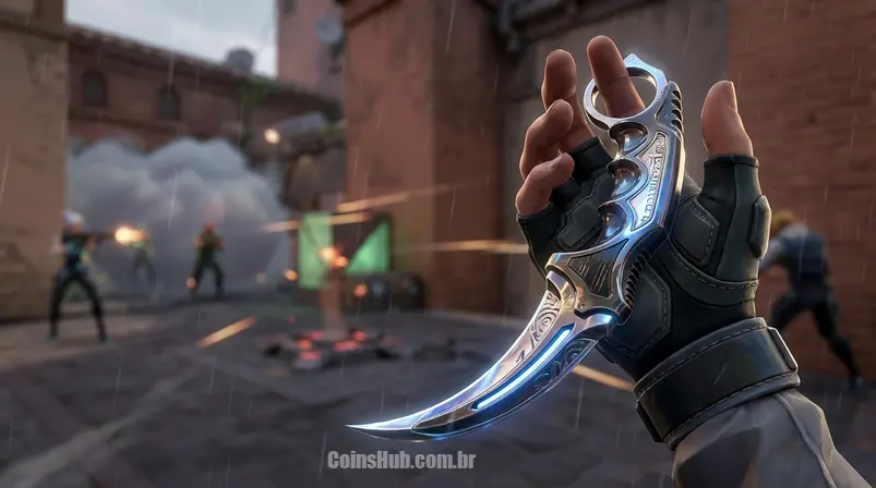 Detalhe de uma faca Karambit rara do Valorant com design intrincado.