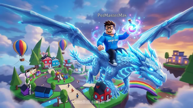 A player character in Adopt Me! on a whimsical island, holding a glowing Fly Potion next to a majestic, flying Shadow Dragon, showcasing the magical effect of the potion in the Roblox game environment.