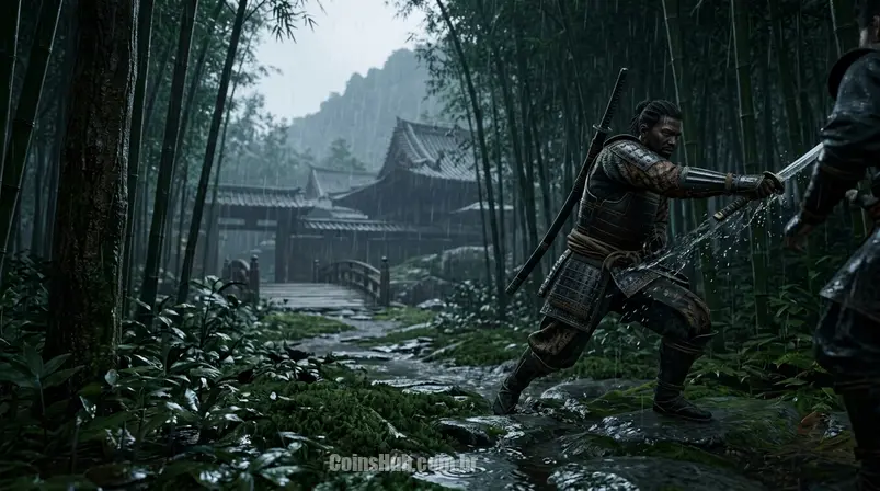 Arte conceitual de Yasuke, o samurai de Assassin's Creed Shadows, em pose de combate em uma floresta de bambu japonesa, com templos ao fundo.