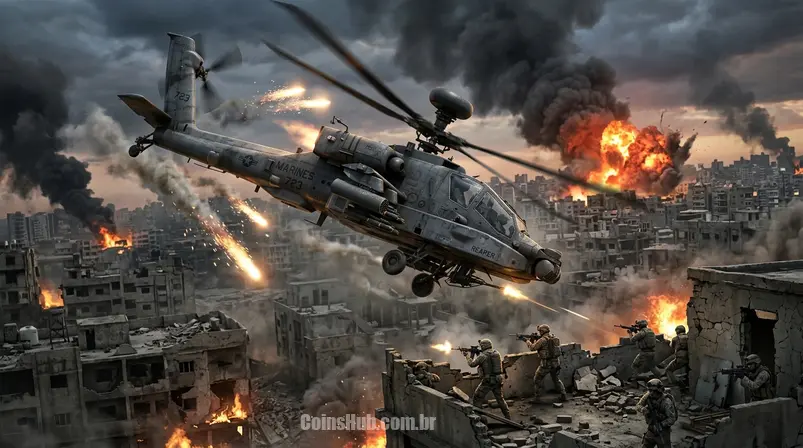 Helicóptero militar voando taticamente sobre uma área de guerra em Battlefield, com foco em seu design e manobrabilidade.