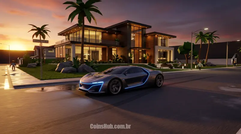 Um carro de luxo exclusivo do Premium de Brookhaven RP, dirigindo por uma rua ao pôr do sol, com uma grande mansão Premium ao fundo, no estilo Roblox.