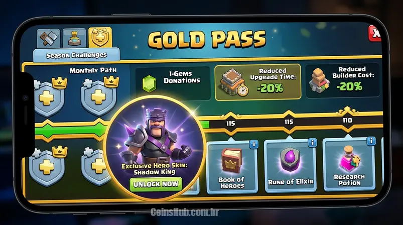 Interface do Bilhete Dourado de Clash of Clans em um celular, mostrando skins de heróis e itens mágicos como benefícios.