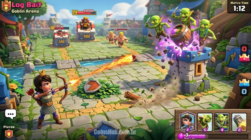 Estratégia de Log Bait em Clash Royale, Barril de Goblins atingindo torre, jogo mobile.