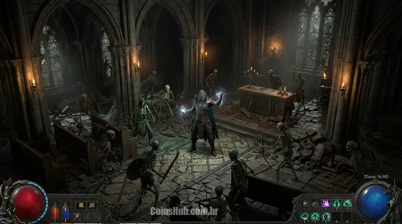 Necromante de Diablo IV com esqueletos invocados em ruínas góticas, com brilho mágico.