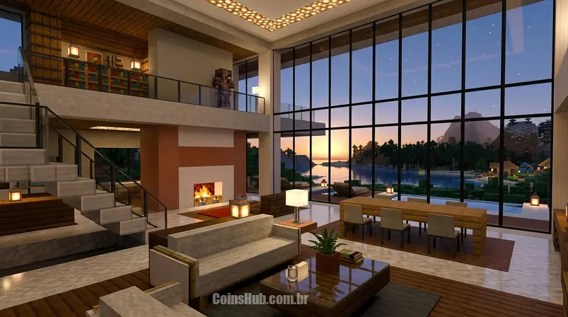 Interior de uma casa moderna espaçosa no Minecraft com grandes janelas e móveis minimalistas.