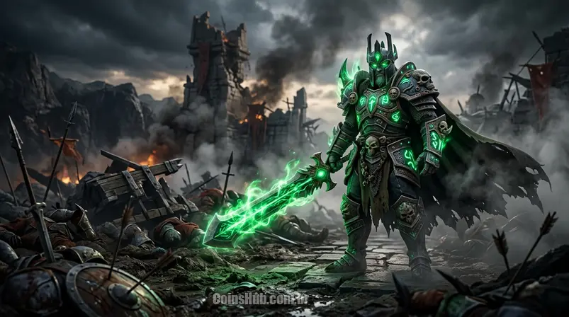 Herói Wraith King de Dota 2 em pose de ataque, com armadura detalhada e efeitos de magia, em um cenário de batalha destruído.