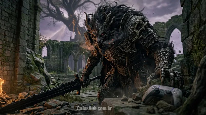 Imagem: Novo chefe ameaçador da DLC Elden Ring: Shadow of the Erdtree em um ambiente de ruínas, com um controle PlayStation ao fundo.