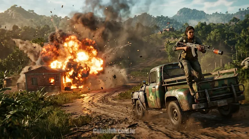 Cena de ação intensa inspirada em Far Cry, com o protagonista em um ambiente rural, um veículo de combate e explosões, destacando a compra de armas e veículos especiais para console e PC.