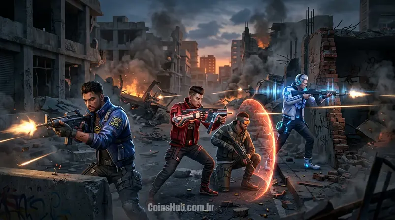 Esquadrão de personagens Free Fire (Alok, K, Homer, Skyler) em combate tático em ruínas urbanas, com efeitos de habilidades e armas.