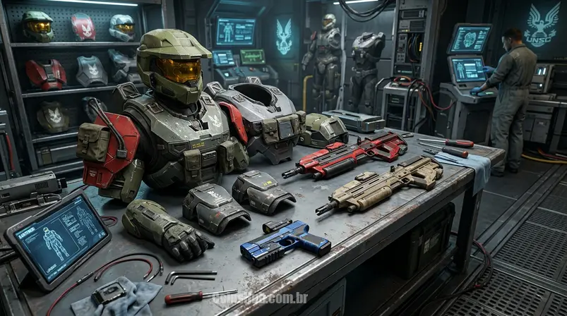 Detalhes de armaduras e skins personalizáveis de Halo Infinite dispostas em uma armory virtual.