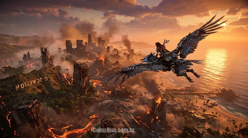 Aloy voando em um Waterwing sobre as ruínas vulcânicas de Los Angeles na expansão Burning Shores de Horizon Forbidden West.