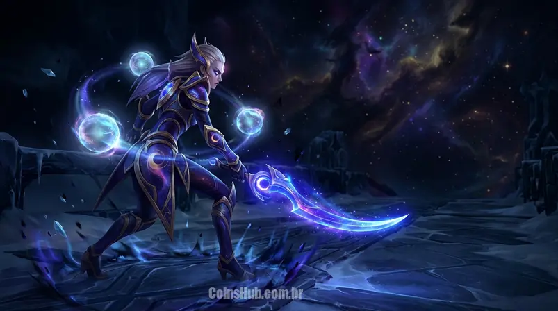 Close-up detalhado de uma skin exclusiva do evento Ascensão Cósmica de League of Legends, com efeitos de luz e temática espacial.