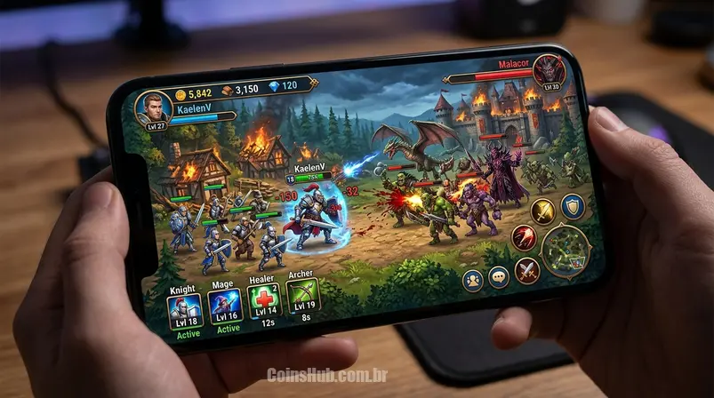 Uma cena de batalha intensa de um jogo de estratégia mobile, com unidades e elementos de interface em um smartphone.