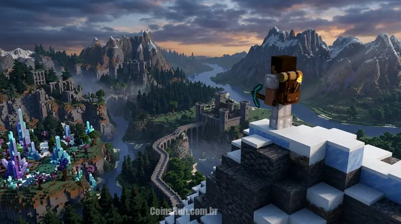 Imagem do meio: Um jogador de Minecraft em um vasto cenário de montanhas e biomas únicos, típico de um mapa de aventura solo, sob um céu dramático, focando na exploração.