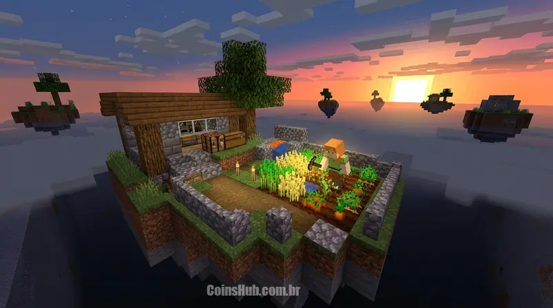 Uma ilha flutuante de Skyblock no Minecraft com um jogador, cultivando recursos sob um pôr do sol pixelado, simbolizando o desafio e a construção.