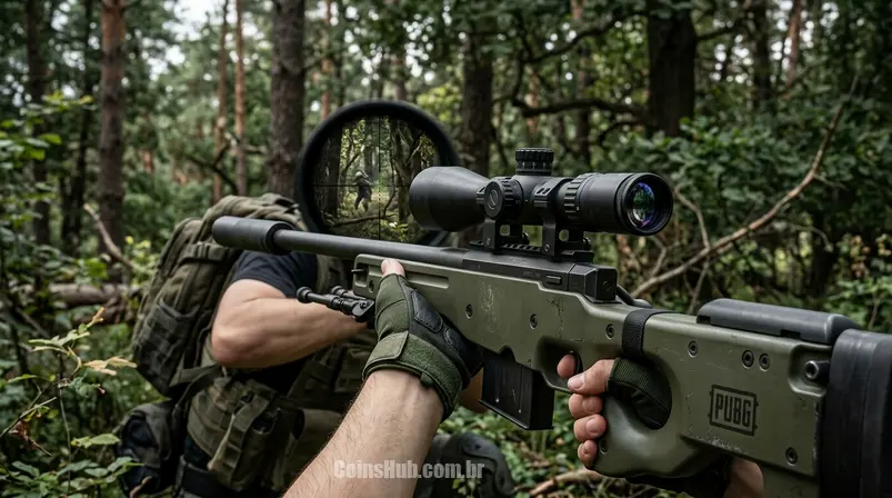 Mãos de jogador segurando sniper AWM no PUBG Mobile, olhando pela mira em floresta densa.