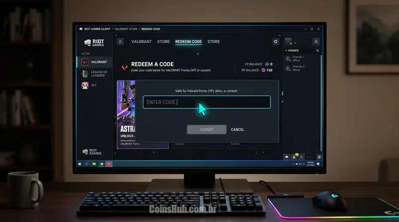 Tela de computador exibindo o cliente da Riot Games, com a seção de resgate de código para Valorant Points (VP) ou Riot Points (RP) em destaque.