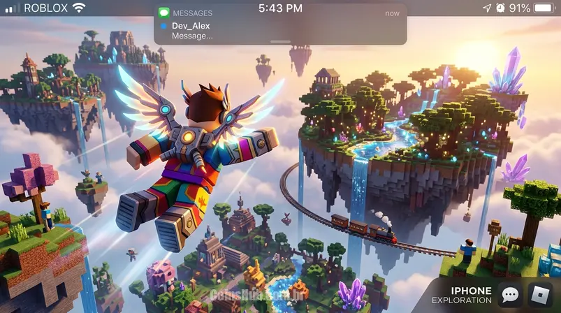 Personagem de Roblox voando sobre um mundo criado por usuário no iPhone, com interface iOS, representando a exploração.