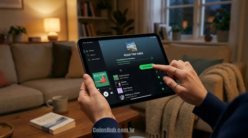 Mão interagindo com um tablet, mostrando a interface do Spotify com uma playlist sendo criada ou músicas sendo baixadas, em um ambiente de sala de estar moderno.
