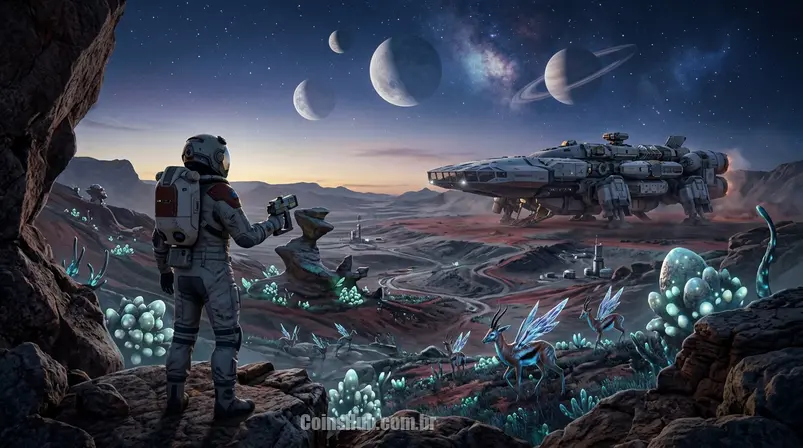 Astronauta de Starfield em um planeta desolado com flora exótica, observando sua nave pousada ao fundo, sob um céu com múltiplas luas.