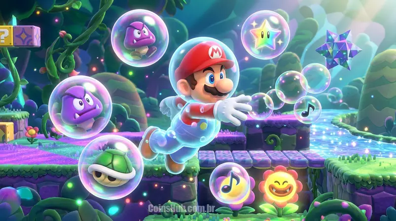 Imagem no meio do jogo Super Mario Bros. Wonder mostrando o Bubble Mario atirando bolhas em um cenário colorido ou o Drill Mario perfurando o chão.