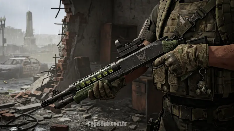 Close-up de uma arma exótica, como a Scorpio ou Bullet King, em The Division 2, com um agente em segundo plano.