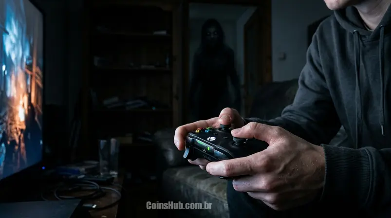 Mãos tremendo segurando um controle Xbox, iluminadas pela luz de um jogo de terror intenso na tela, atmosfera tensa.