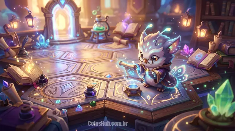 Uma Pequena Lenda fofa e mágica de Teamfight Tactics em uma arena personalizada, com detalhes de um tabuleiro de jogo mobile.